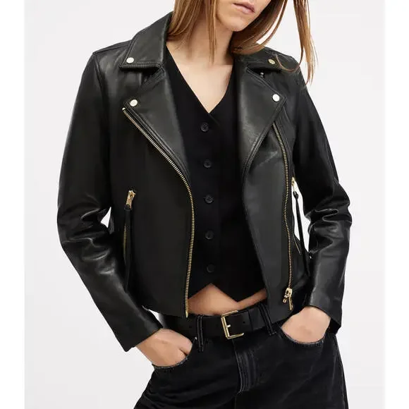 AllSaints Dalby Slim Fit Leather Biker Jacket Black/Gold - Picture 6 of 13